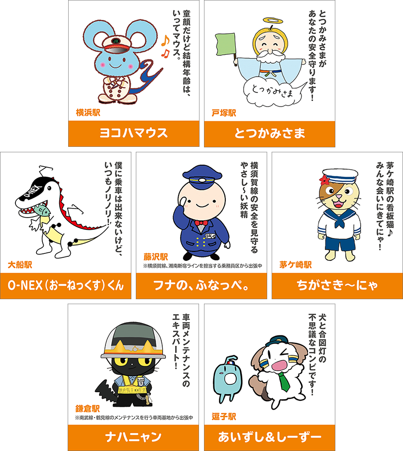 「東海道線／横須賀線エリア」の立候補キャラクターの画像。上段左から、横浜駅の「ヨコハマウス」、戸塚駅の「とつかみさま」。中段左から、大船駅の「O-NEX（おーねっくす）くん」、藤沢駅の「フナの、ふなっぺ。」、茅ケ崎駅の「ちがさき～にゃ」。下段左から、鎌倉駅の「ナハニャン」、逗子駅の「あいずし＆しーずー」